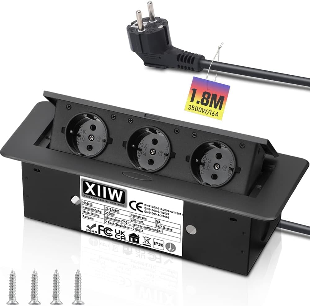 Aluminiowe wpuszczane gniazdo wtykowe do zabudowy, 3500 W/16 A/230 V, 3-krotne gniazdko na blat, wpuszczane gniazdko stołowe, listwa zasilająca z kablem o długości 1,8 m, niepalne, do 750°C