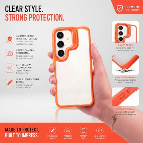 Image of amazon basics Frosted Matte Case for Samsung Galaxy S24 5G | Built-in Flip-Out Camera Lens Stand | Translucent Back with Contrast Orange Bumper | Shockproof Protective Cover with Foldable Kickstand