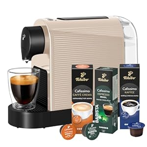 Tchibo Cafissimo „Pure plus“ Kaffeemaschine Kapselmaschine inkl. 30 Kapseln für Caffè Crema, Espresso und Kaffee | 0, 8l | 1250 Watt | 11, 9 x 33, 7 x 24 cm | Almond Beige