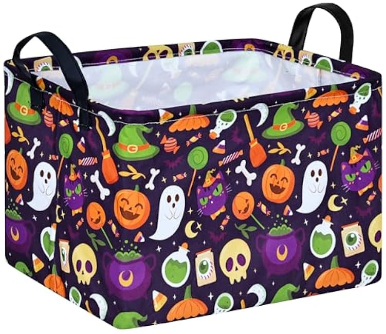 KUNRO Bat Pattern Halloween Storage Gift Basket Canvas Storage Bins with Handles Rectangle Storage Cubes Organizer for Bedroom Living Room