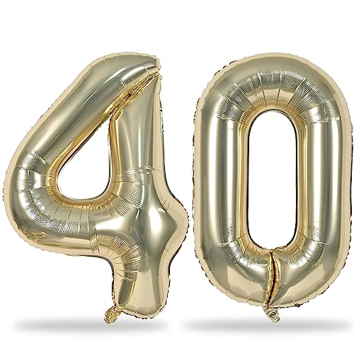 Champagne Gold Number 40th Birthday Balloons, 40 Inch Large Light Gold Foil Number 4 and 0 Balloon for Women Men 40 Year Old Birthday Anniversary Party Decorations Supplies