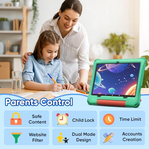Image of aiprotablet 10 inch Kids Tablet, Android 16 Tablet for Kid, Octa-Core CPU, 24GB RAM, 64GB ROM 1TF Card Expandable for Toddler Children,Tablets with Case, Parental Control, 6000mAh,WiFi, BT5.0 (Green)