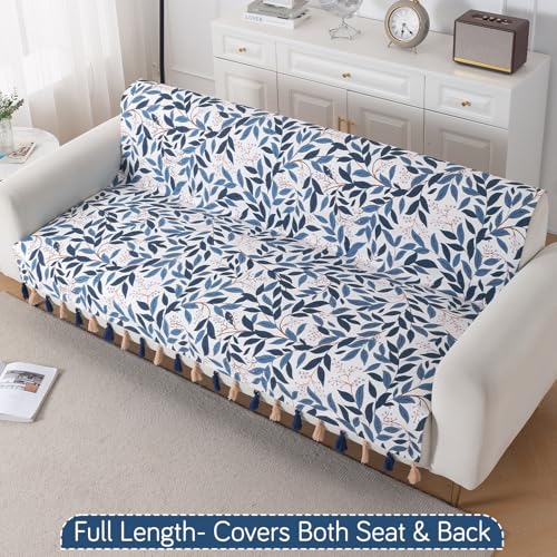 Image of HOKIPO Printed Holland Velvet Sofa Cover with Tassels for 3 Seater Sofa | Full Protection for Sofa Seat and Back | 'Whispers of Nature' (160x175 cm), Indigo Foliage (IN-1127-D10)