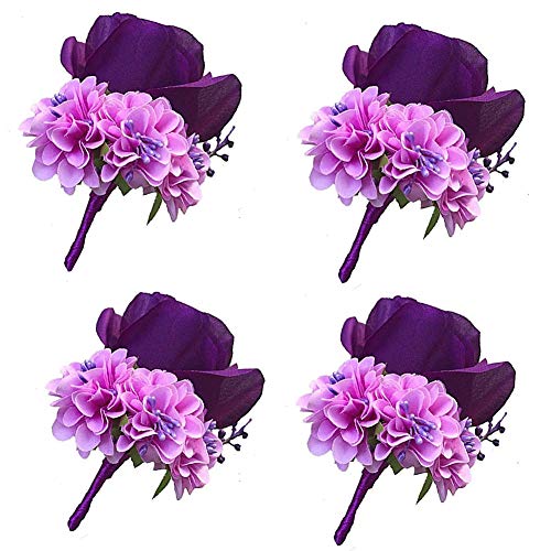 WeddingBobDIY Boutonniere Buttonholes Groom Groomsman Best Man Rose Wedding Flowers Accessories Prom Suit Decoration (4,Purple)