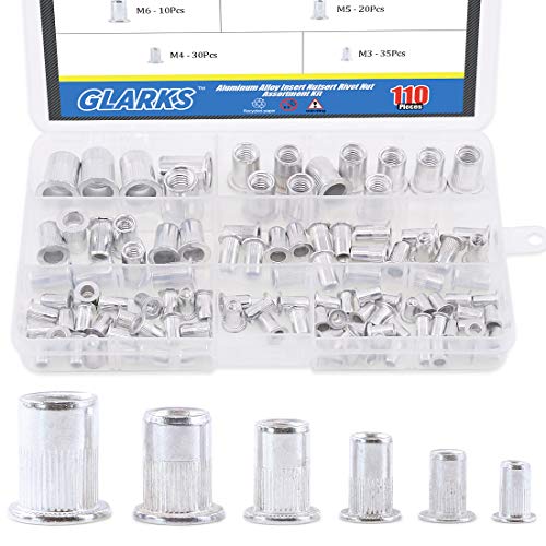 Glarks 110Pcs Aluminum Alloy M3 M4 M5 M6 M8 M10 Flat Head Metric Threaded Rivetnut Insert Nutsert Rivet Nut Assortment Kit