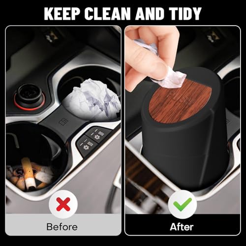 Image of Car Trash Bin with Lid-2 Pack Car Garbage Can Cup Holder-Mini Leakproof Vehicle Garbage Can Bin with 40pcs Trash Bags-Automotive Organizers and Storage for Front Back Seat Accessories(Wood Grain Lid)