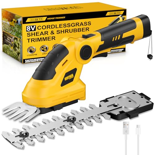 ALLOYMAN 8VCordless Grass Shear&Shrubbery Trimmer,2-in-1 Mini Hedge Trimmer,with 2.0Ah Battery &USB -C Port,1100RPM Electric Grass Clippers Handheld for Garden and Lawn Trimmer, LLJ-04