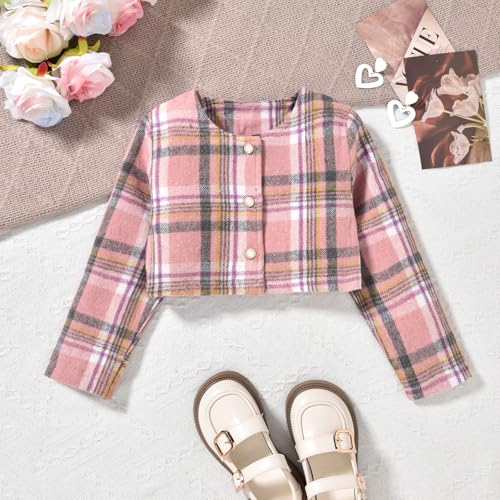 Image of HINTINA Toddler Girl 4 Pieces Outfits Ruffles Long Sleeve Tops Plaid Skirt Jacket And Hat Fall Winter Clothes Set