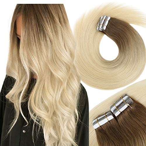VeSunny Tape in Hair Extensions Ombre Blonde Human Hair 18 inch Seamless Remy Hair Color #6 Brown to #613 Blonde Skin Weft Natural Tape Hair Extensions 20pcs/50g