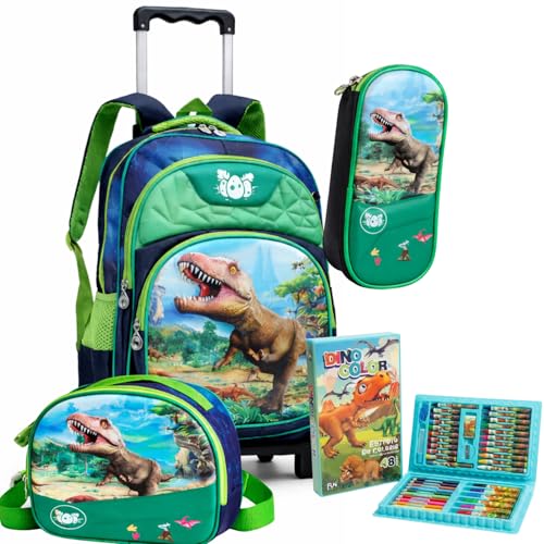 Kit Mochila Infantil Menino com Rodinhas Lancheira Termica Estojo Dinossauro Inclui Kit Escolar com 48 Peças 3D