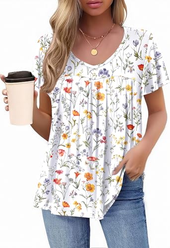 HOTOUCH Blouses for Women Dressy Casual Summer Short Sleeve Shirts Pleated Casual V Neck Ruffle Sleeve T Shirts Babydoll Floral Printed Tops Hide Big Belly