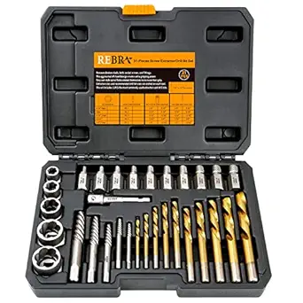 REBRA 31-Pieces Screw&Bolt Extractor Set and Left-Hand Drill Bit Kit, Multi-Spline Extractors, Easy Out Broken Lug Nut Remover Socket Tool for Stripped, Damaged, Rounded-Off, Rusted Bolts, Nuts&Screws