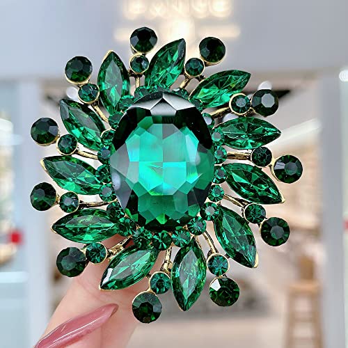Image of Rhinestone Flower Brooch Pin for Women Girls Vintage Emerald Crystal Lapel Pins Elegant Wedding Bouquet Brooches Dress Clothing Collar Suit Tie Jewelry Accessory Clip for Scarf Coat Shawl Hat Bag Art
