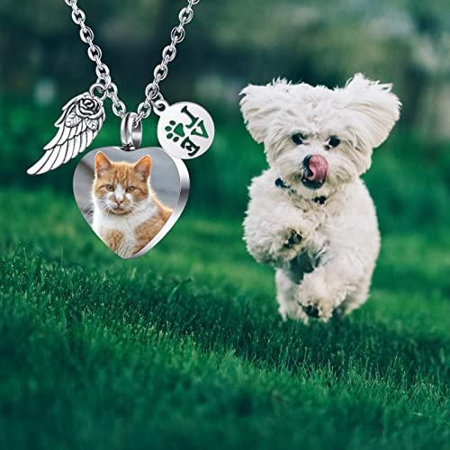 INBLUE Personalisierte Urnen Halskette für Asche, Pfotenabdruck Herz Edelstahl Anhänger, Gravur Foto Hund Katze Name, Feuerbestattung Schmuck für Damen Herren mit Trichter Set, Engelsflügeln