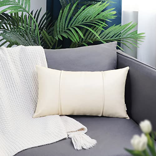 Image of BRAWARM Cream Leather Throw Pillow Covers 12 X 20 Inches - Faux Leather Lumbar Pillow Cover with Piping, Hand Stitched Leather Throw Pillow for Couch Sofa Bed Living Room Home Decorative