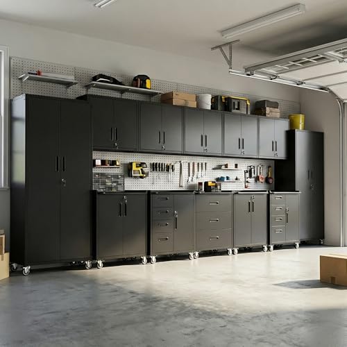 Image of 12-Piece Heavy Duty Steel Garage Cabinet System | All-in-One Modular Garage Cabinet Set for Ultimate Workshop Organization | Easy Assembly Garage Storage Cabinets & Tool Bench (Black)