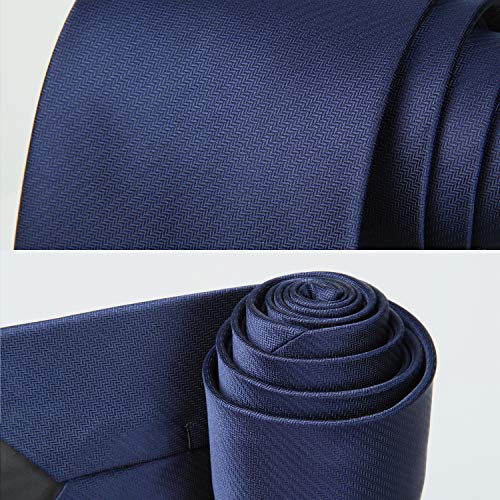 Hisdern Navy Blue Solid Color Classic Tie For Men Handkerchief Silk Necktie & Pocket Square Set Wedding Business #TOP4