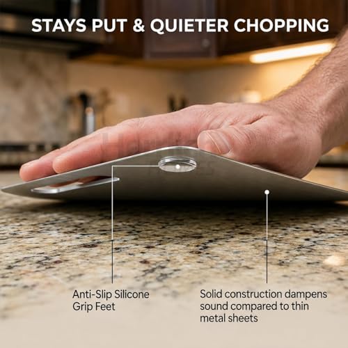 Image of Herrlich Homes Rectangle Stainless Steel Chopping Board | with Steel Straw & Anti-Skid Silicon Pad | for Cutting Vegetables, Meat, Fish, Fruits | Chopping Board for Kitchen | M | 31 x 21 cm