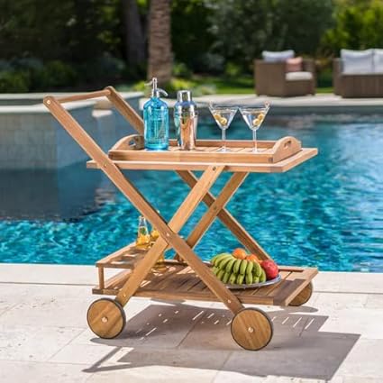 Teak Wood Serving Cart, Compact Design with 2 Trays and Wheels