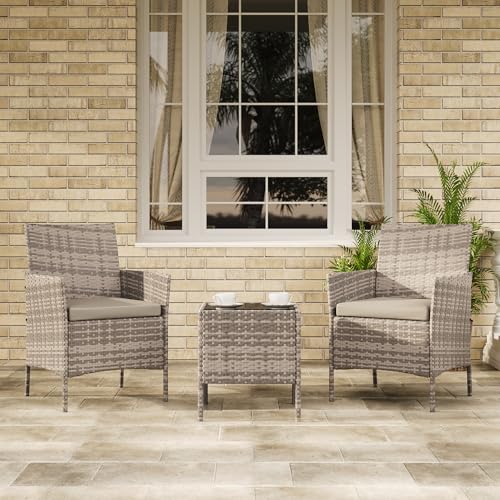 Image of GAOMON 3-Piece Patio Furniture Set, Modern PE Rattan Conversation Set with 2 Chairs & Tempered Glass Coffee Table, All-Weather Outdoor Seating for Garden, Porch, Balcony, Poolside, Grey /Light Grey