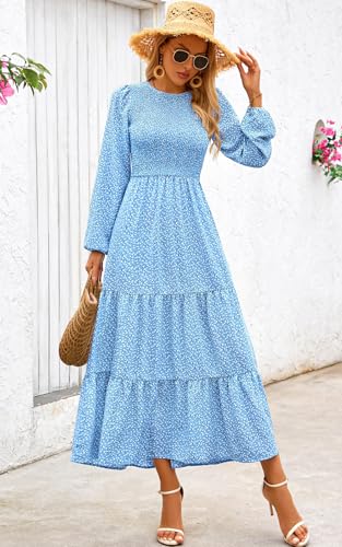 Image of PRETTYGARDEN Women's Fall Dresses 2026 Long Sleeve Flowy Casual Floral Maxi Dress Crew Neck Smocked Tiered Long Dress