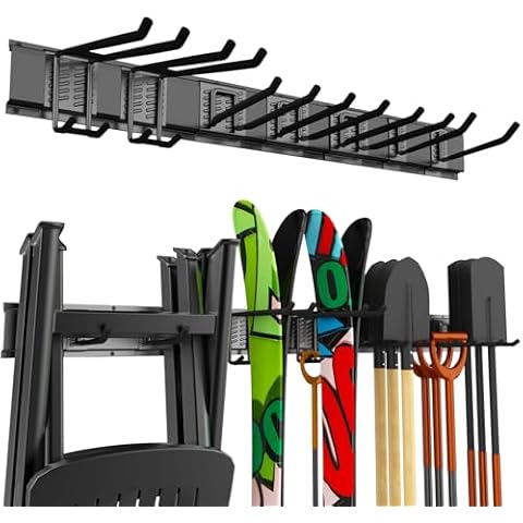 Garage Tool Organizer Wall Mount, Garage Storage Garden Tool Organizer 48 Inches, Max 440lbs Adjustable Metal Hooks, Yard Shed Rack, Tool Holder for Hanging Rake Broom Mop Snowboard, Home Gift Cover