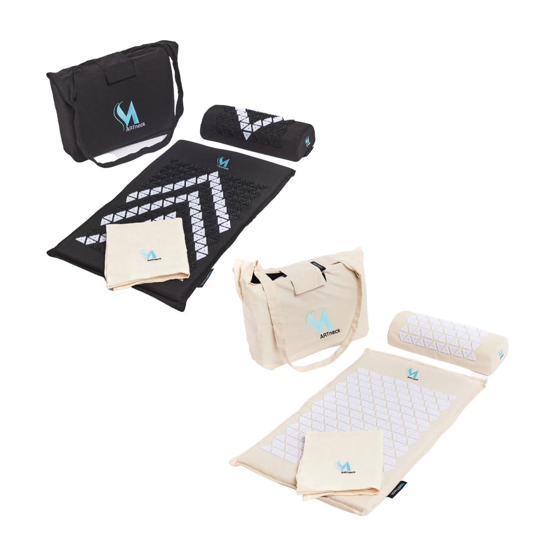 Akupressurmatte (Schwarz) - Das ORIGINAL von MARTneck -Natur Set Kokosfaser mit Kissen, Tuch und Tasche - Akupressurmatte zur Massage und Entspannung von Rücken und HWS
