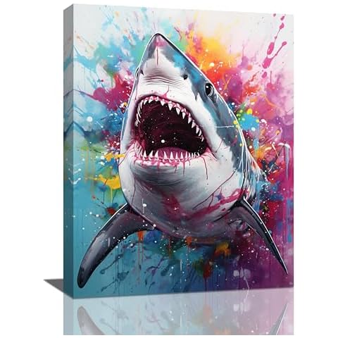 Shark Wall Art Ocean Shark Pictures Wall Decor Canvas Print Painting Home Decoration Artwork For Living Room Office Bedroom Bathroom Framed 16"X24" Cover