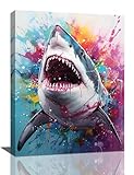 Shark Wall Art Ocean Shark Pictures Wall Decor Natical Coastal Canvas Print Painting Home Decoration Artwork For Living Room Office Bedroom Bathroom Framed 12'X16'