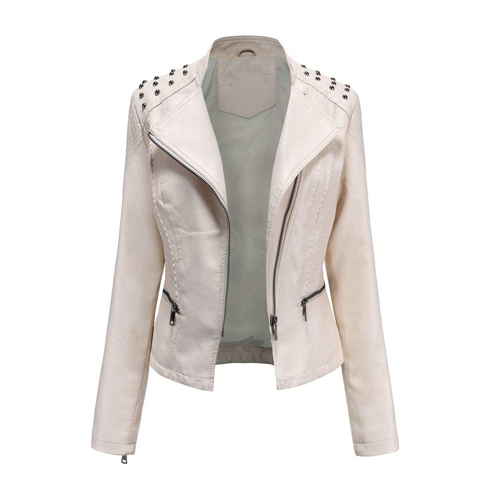 Veste en cuir synthétique pour femme, veste de motard avec fermeture éclair, veste en cuir avec rivets, col à revers, veste fine pour le printemps et l'automne
