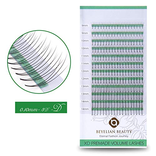 BEYELIAN Beauty Premade Volume Eyelash Extensions D Curl 0.10mm Pre made 3D Fans Lashes Individual Eyelashes for Volume Sets Glue Bonded Knot-free (9-14mm Mix Tray)