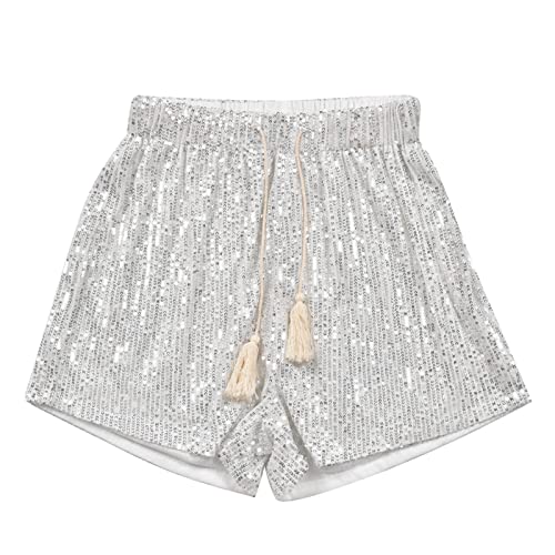yiouyisheng Kurze Hose Damen Pailletten Glitzer Shorts Sexy Kurze Hosen mit Tunnelzug, Hotpants Damen Sequin Shine Glitter Shorts A-Linie High Waist Sparkly Party Clubwear Cover