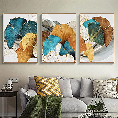 HTWLMM Feuille Végétale Abstrait Toile Tableau Bleu Vert Jaune Or Art Peintures Affiche Et Impressions Images Murales pour Chambre Salon Decoration sans...