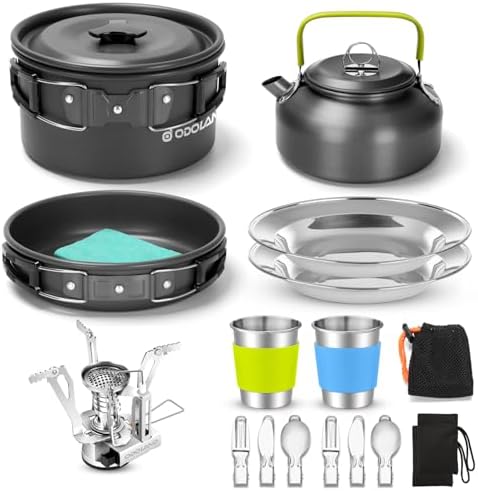 Odoland 16pcs Camping Cookware Mess kit for Camping, Backpacking, Outdoor Cooking and Picnic with Camping Stove, Non-Stick Lightweight Pot Pan Kettle Stainless Steel Cups Plates Forks Knives Spoons