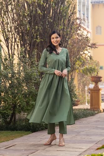 Image of Women's Dhanna Fashion Long Cut Salwar Suit with White Polka Dots,Full Sleeves, V-Neck,, Rayon