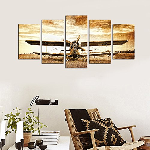 Levvarts - 5 Panel Canvas Wall Art Old Retro Aircraft Biplane Pictures Print On Canvas Framed And Ready To Hang Aviation Airplane Artwrok Antique Home Wall Decor #TOP2