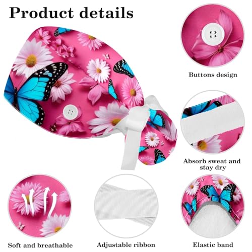Image of Butterfly Scrub Cap Women with Ponytail & Buttons Adjustable Surgical Nurse Hat with Cotton Sweatband for Long Hair