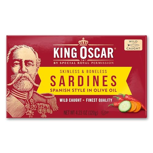 King Oscar Sardines in Olive Oil, 4.38 Ounce Cans (Pack of 12, Packaging May Vary), Skinless & Boneless, Wild Caught Canned Sardines