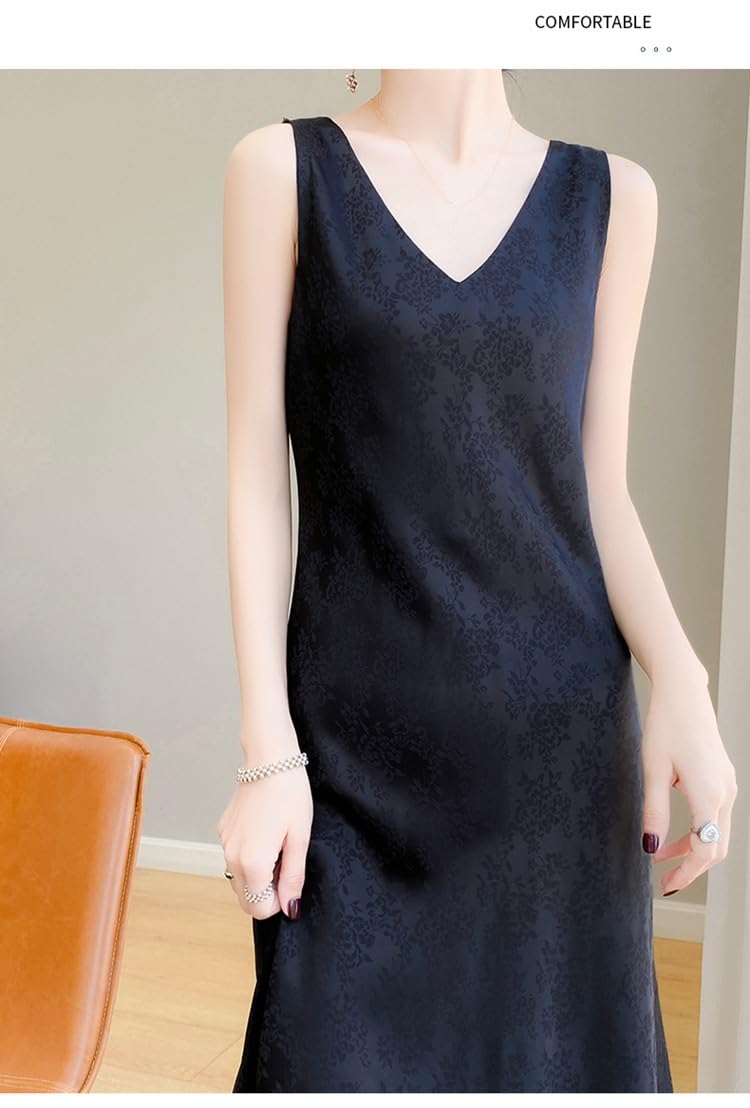 Abito Donna Abito Estivo da Donna in Raso Senza Maniche con Scollo A V Abito Midi Jacquard Floreale Abito Lungo A Trapezio Fluido per Donna Elegante Abito Formale per Feste E Matrimoni