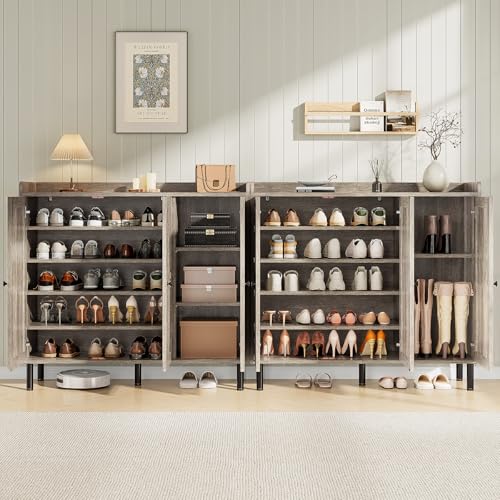 Image of ONBRILL Shoe Cabinet with 3 Doors and Adjustable Shelves, 30 Pairs Shoe Storage Cabinet, 40 Inch Tall Farmhouse Shoe Rack Shoe Organizer Cabinet for Entryway Living Room Closet, Gray Wash