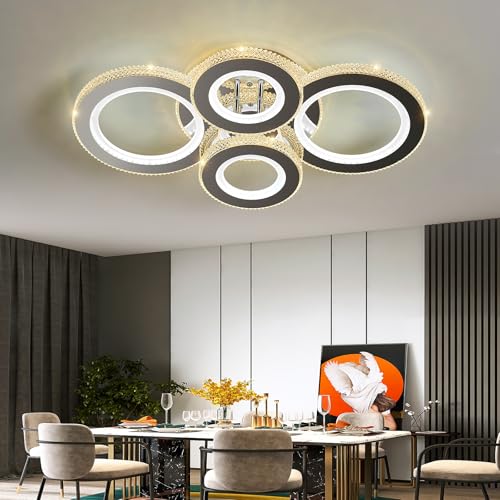 Image of Modern 56W Ceiling Light 4-Rings LED Ceiling Light Fixture with Remote Control Chrome Acrylic Dimmable Flush Mount Stainless Steel Chandelier for Livingroom Dining Room Kitchen Bedroom.