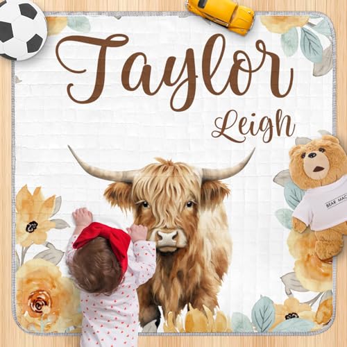 Personalized Baby Playmat with Name - Personalized Highland Cow Baby Playmat - Washable Baby Play Mat Portable Playmat for Babies, Foldable Toddler Playpen Mat Non-Slip Baby Mat(43