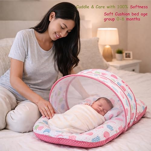 Image of Fareto Combo of Baby Bed with Net | Carry Bag | 4 Pcs Bedding Set (0-6 Months, Baby Size, Cotton) (Peach Sprial)
