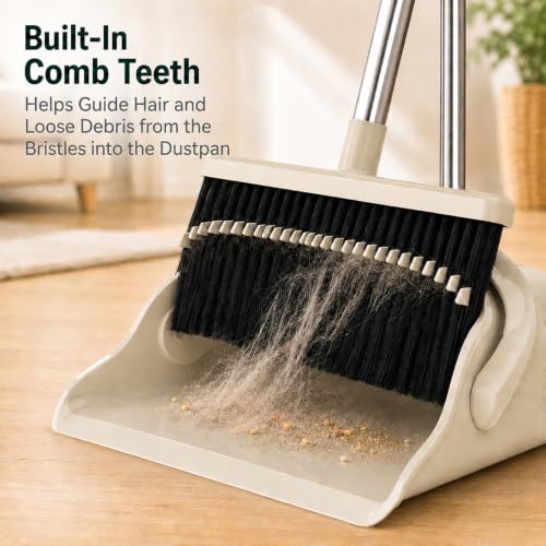 Image of Broom and Dustpan Set, 52-Inch Handle, Comb Teeth, Gray Yellow | Long handle broom set for home, kitchen, apartment andstorage