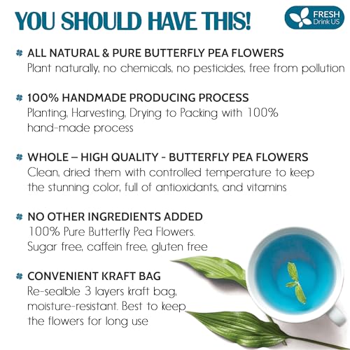 Image of FreshDrinkUS, Premium 8oz Butterfly Pea Flowers, 100% Natural & Pure from Whole Butterfly Pea Flowers Leaves, Wildcrafted, Blue Butterfly Pea Flowers Loose Leaf Herbal Tea, No Gluten, Vegan