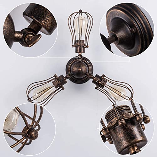Industrial Flush Mount Ceiling Light Fixture, Rustic Rotatable Ceiling Lighting In Golden Bronze, Vintage 3-Light Wire Cage Sconce Wall Lighting For Farmhouse Bedroom Living Room Café, 1 Pack #TOP7