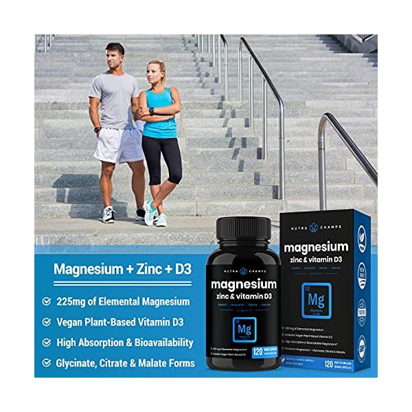 Magnesium-Zinc-Vitamin-D3-Supplement-Most-Bioavailable-Forms-Magnesium-Glycinate-Malate-Citrate-Bone-Muscle-Heart-Health-Immune-Support-120-Vegan-Capsules NutraChamps Magnesium Zinc & Vitamin D3 Supplement - Most Bioavailable Forms; Magnesium Glycinate, Malate, Citrate - Bone, Muscle & Heart Health, Immune Support - 120 Vegan Capsules