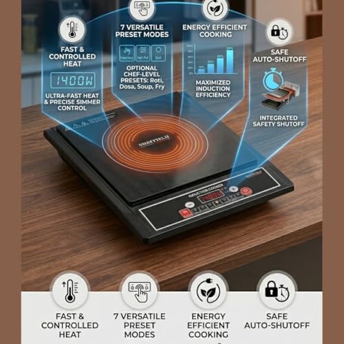Image of Sheffield Classic 1400W Portable Induction Cooktop | Soft Push Buttons, 7 Preset Modes, Easy Touch Control | Auto Shut‑Off, Fast Heating & Energy‑Efficient Electric Stove - Black