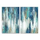 UTOP-art Abstract Canvas Painting Wall Art: Hand Painted Gold Foils Heavy Textured Navy Blue Picture