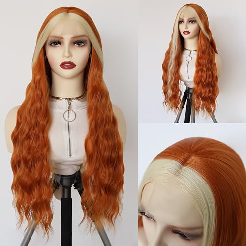 Perruque lace front orange longue ondulée en fibre synthétique pour un look naturel au quotidien
